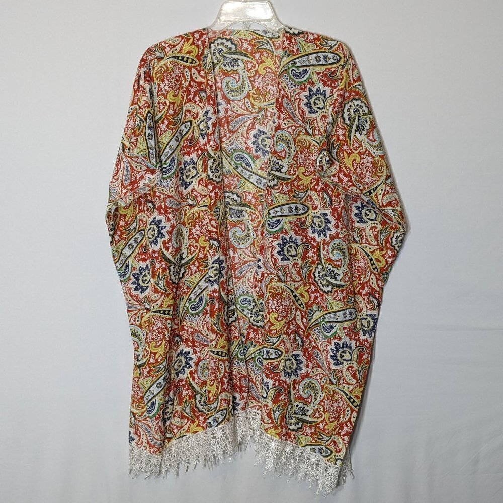 Women's Orange/Blue/Ivory Paisley Open Kimono Tunic w Lace; One Size